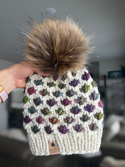 Luxury Adult Lotus Flower Beanie in Natural and Arco Iris