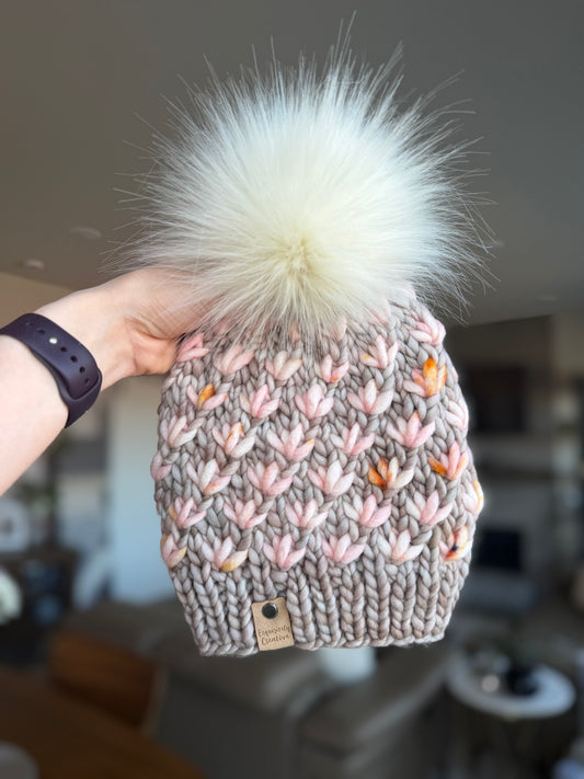Luxury Adult Lotus Flower Beanie in Whole Grain and French City Love