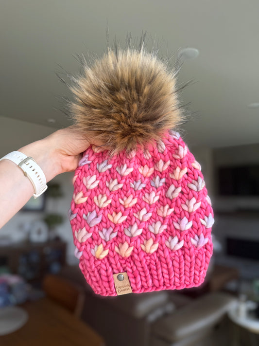 Luxury Adult Lotus Flower Beanie in Cactus Flower and Rosalinda