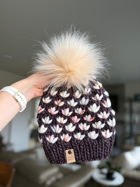 Luxury Adult Lotus Flower Beanie in Pearl Ten and Call of the Wild