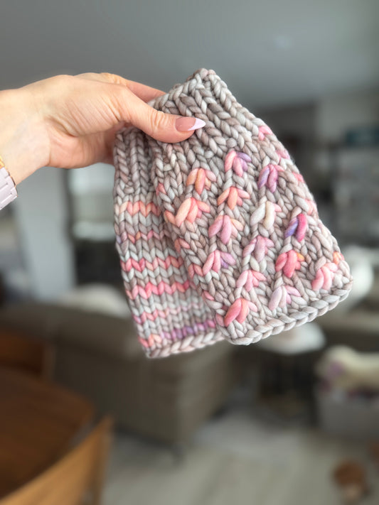 Luxury Lotus Flower Fingerless Mitts in Whole Grain and Rosalinda