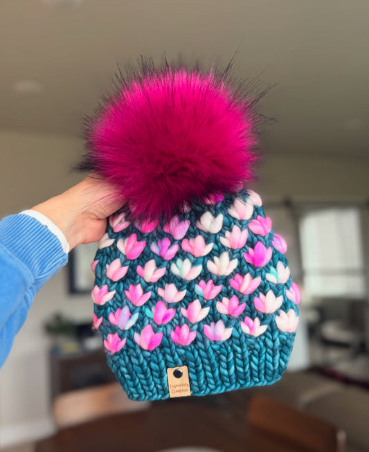 Luxury Adult Lotus Flower Beanie in Reflecting Pool and OOAK