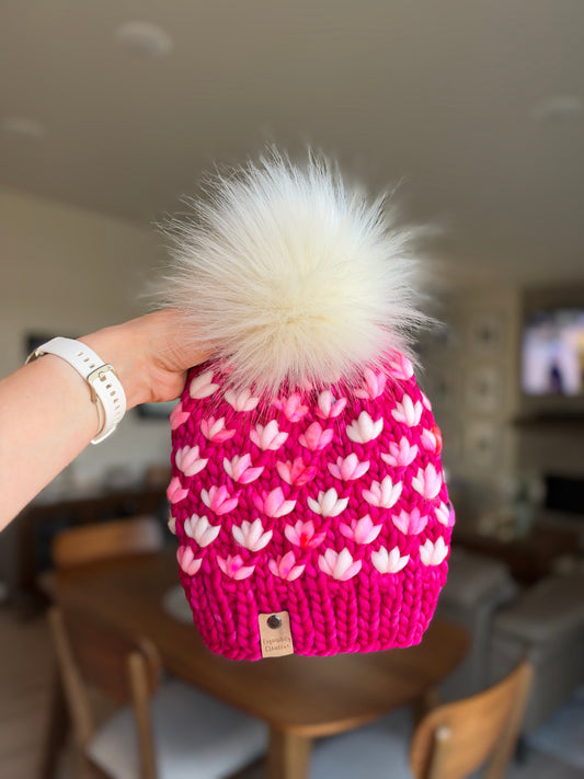 Luxury Adult Lotus Flower Beanie in Fucsia and Pink Mix