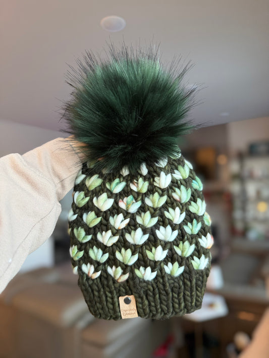 Luxury Adult Lotus Flower Beanie in Olive and Olive Branch