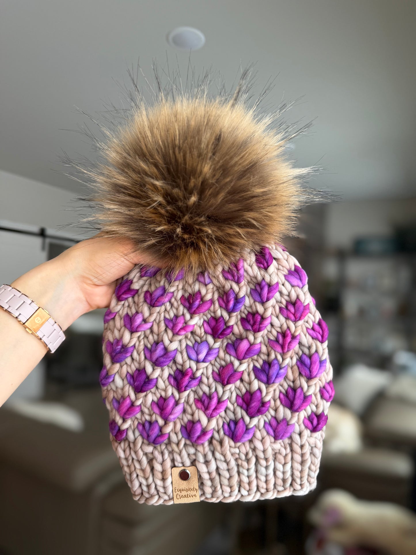 Luxury Adult Lotus Flower Beanie in Whole Grain and Baya Electrica