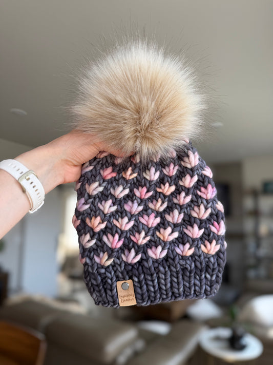 Luxury Adult Lotus Flower Beanie in Plomo and Rosalinda