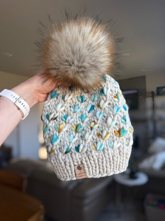 Luxury Adult Lotus Flower Beanie in Fog and Blue Sky