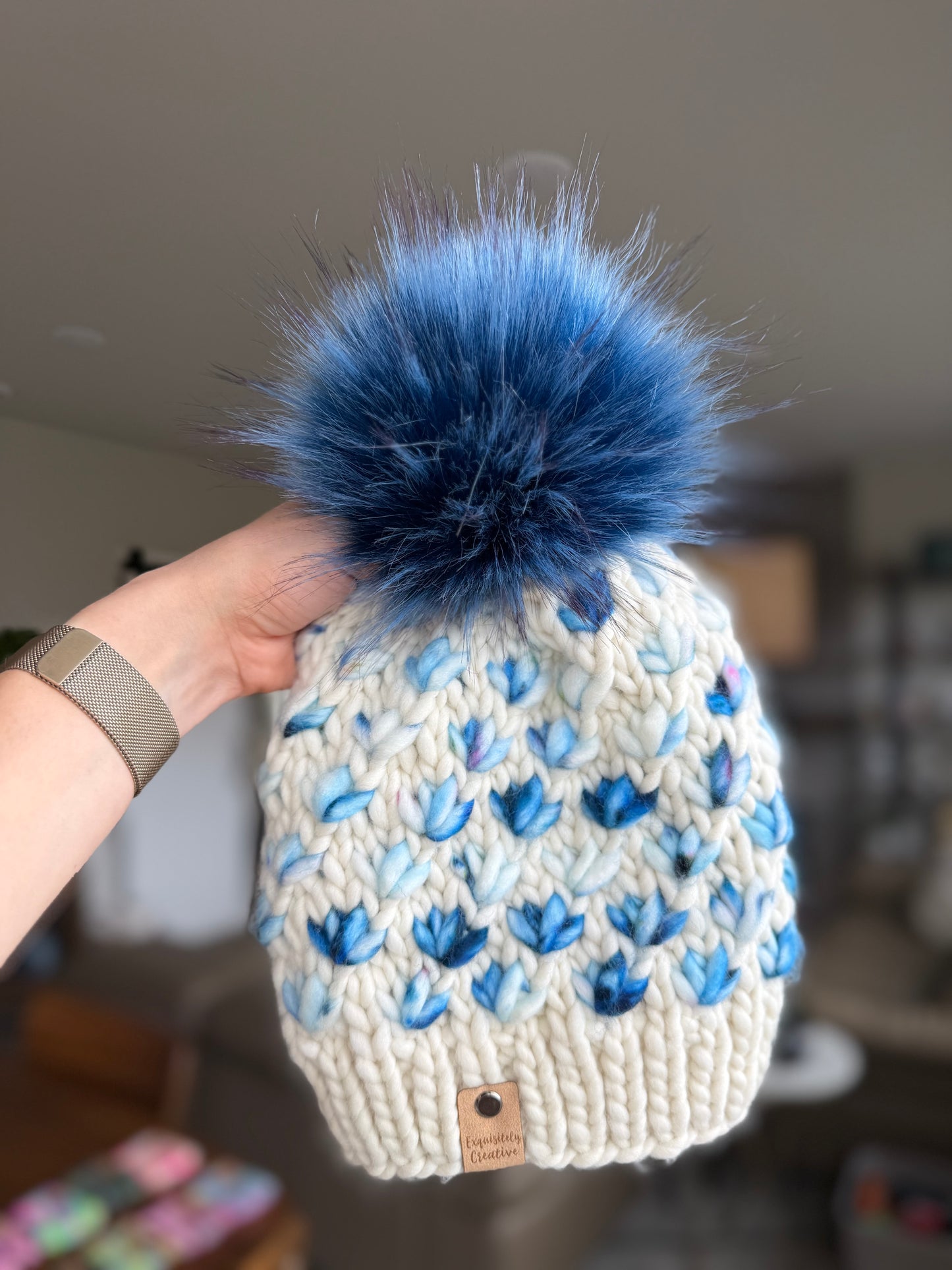 Luxury Adult Lotus Flower Beanie in Natural and Blue Jewels