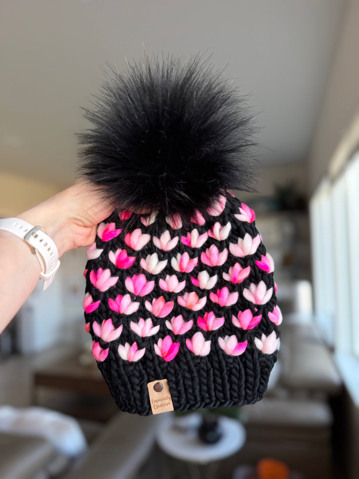 Luxury Adult Lotus Flower Beanie in Black and Pink Mix