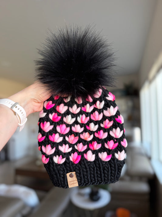 Luxury Adult Lotus Flower Beanie in Black and Pink Mix
