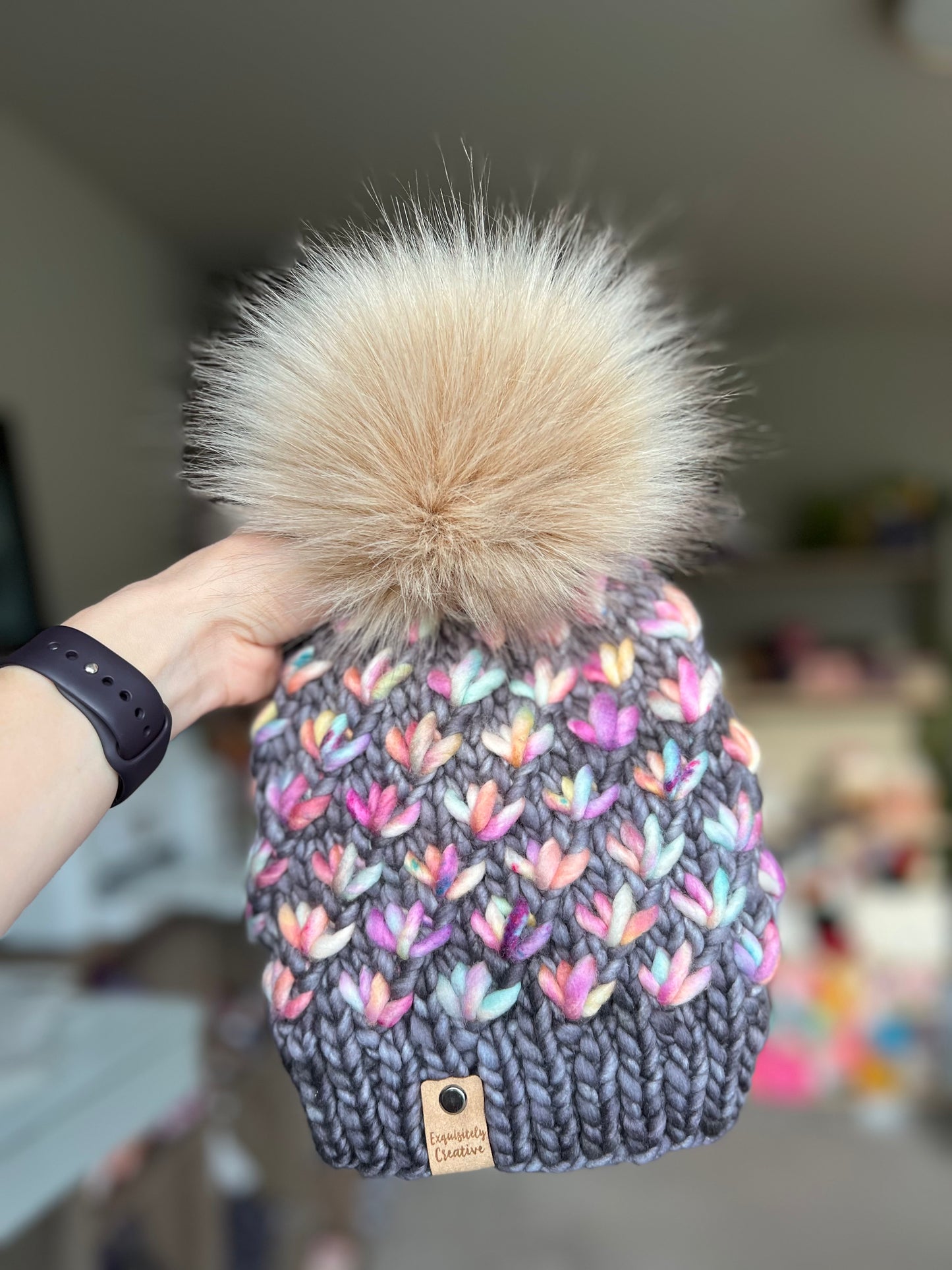 Luxury Adult Lotus Flower Beanie in Plomo and Strange Magic