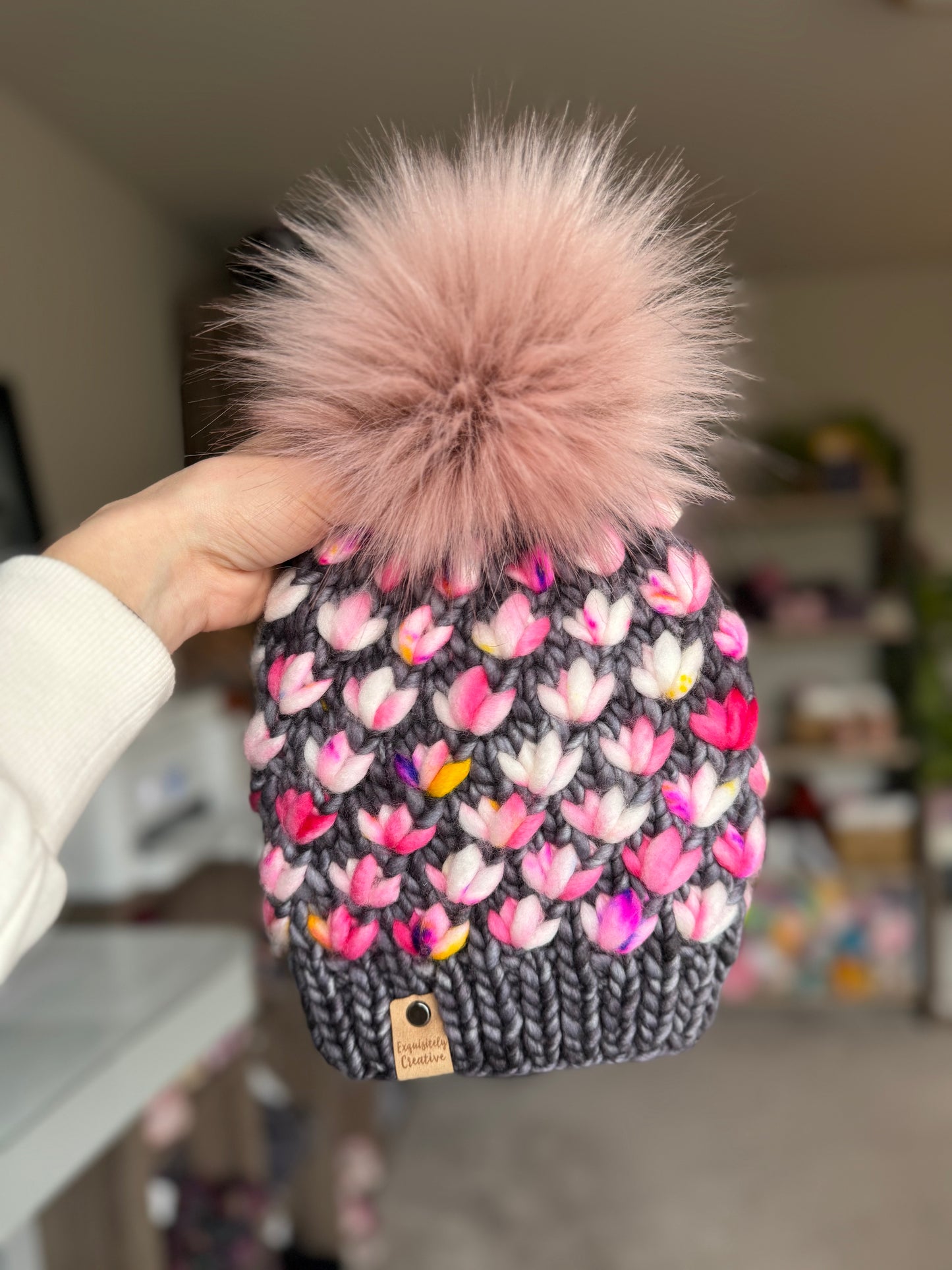 Luxury Adult Lotus Flower Beanie in Plomo and Jem