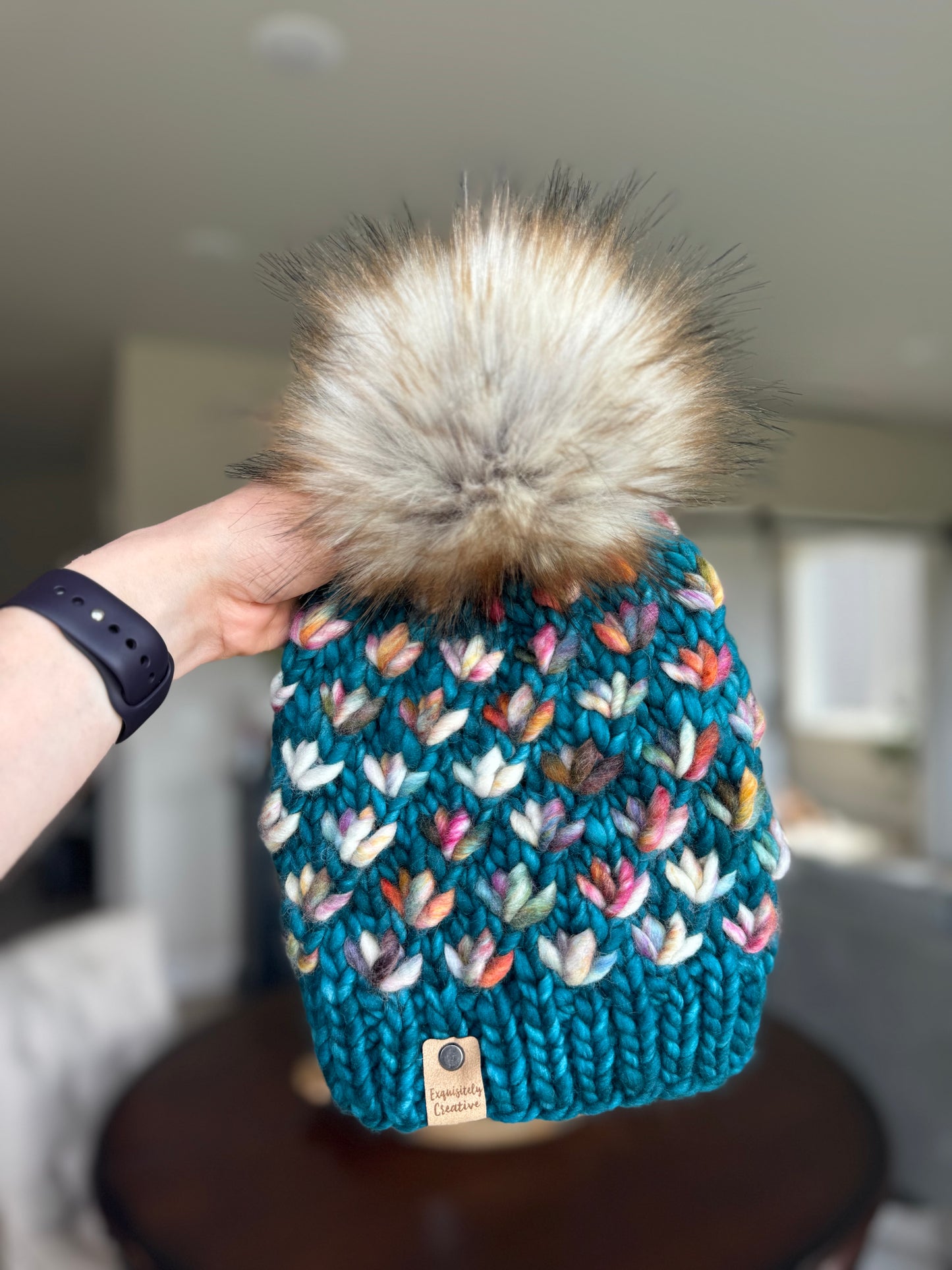 Luxury Adult Lotus Flower Beanie in Teal Feather and Molino