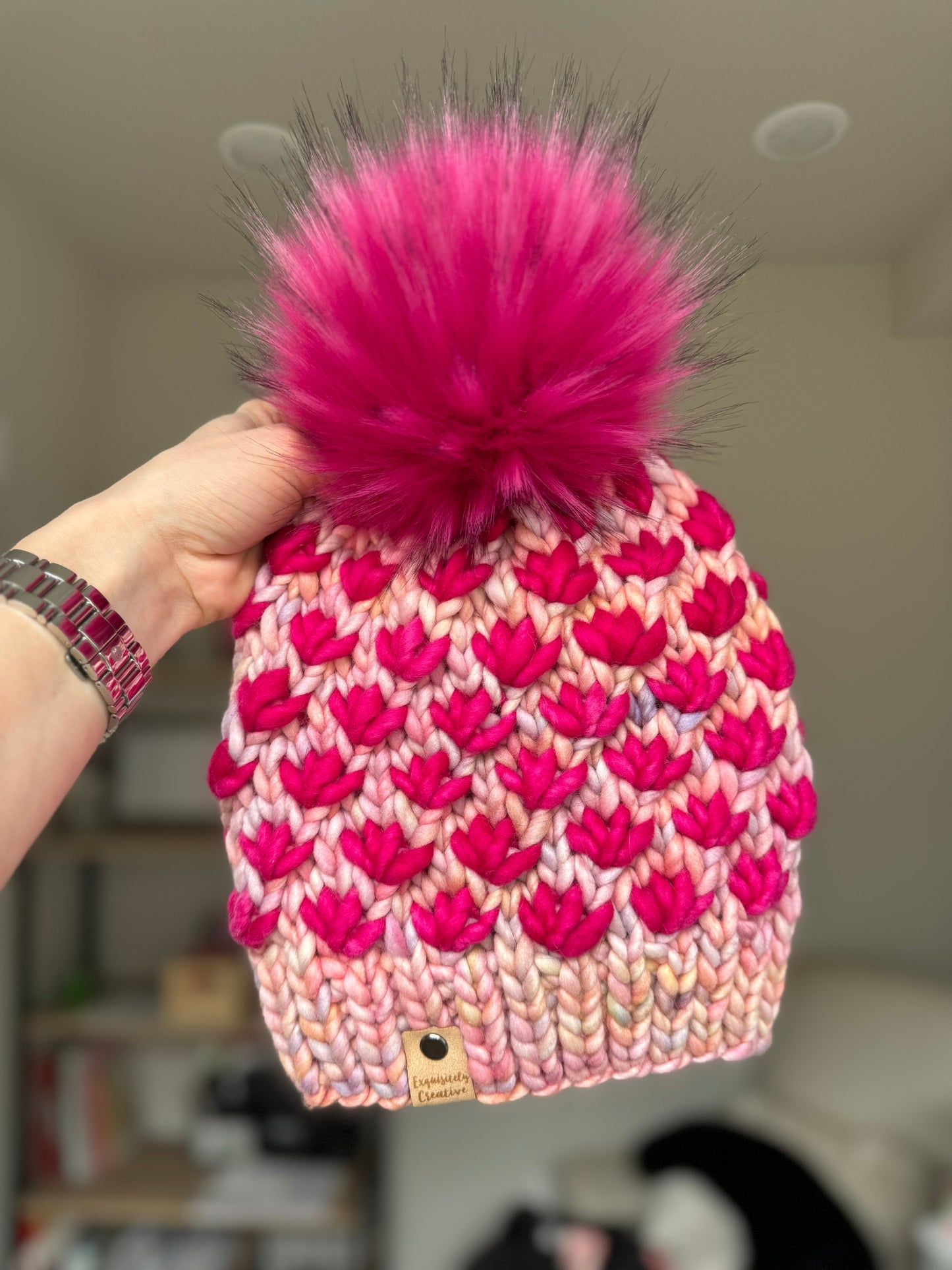 Luxury Adult Lotus Flower Beanie in Rosalinda and Hot Pink