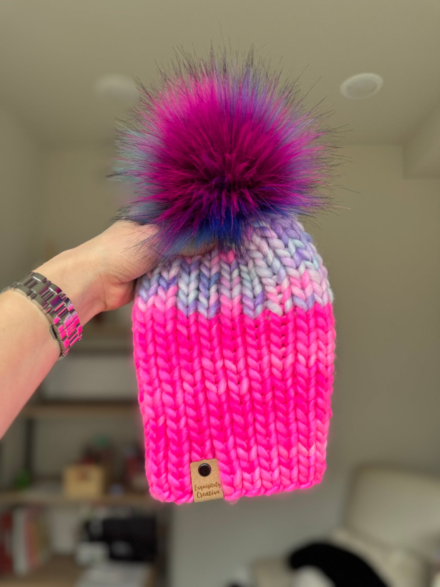 Luxury Adult Merino Wool Nohku Beanie in Mermaid and Hot Pink