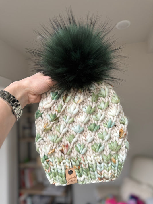 Luxury Adult Lotus Flower Beanie in Olive Branch and Fog