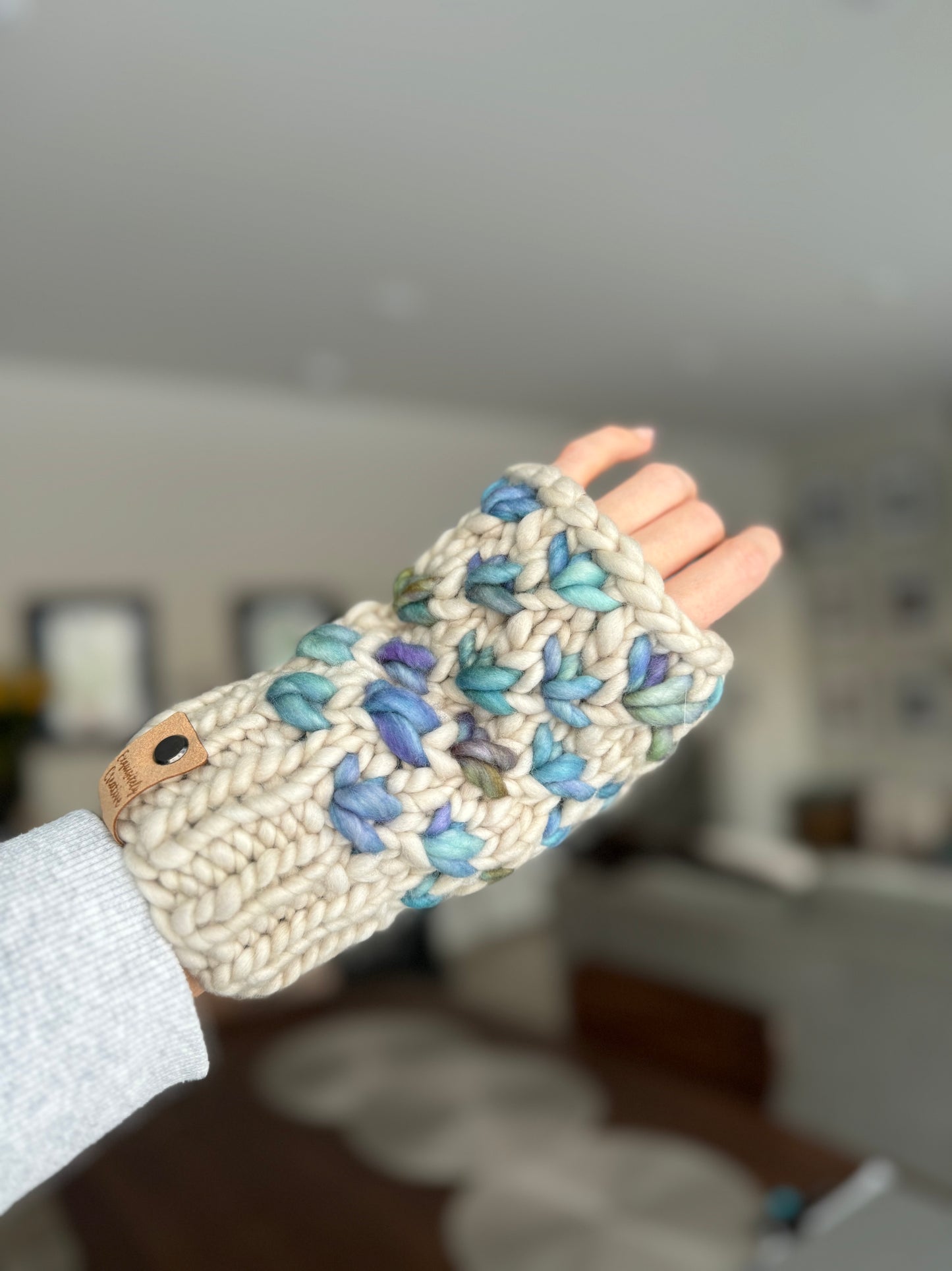 Luxury Lotus Flower Fingerless Mitts in Fog and Indiecita