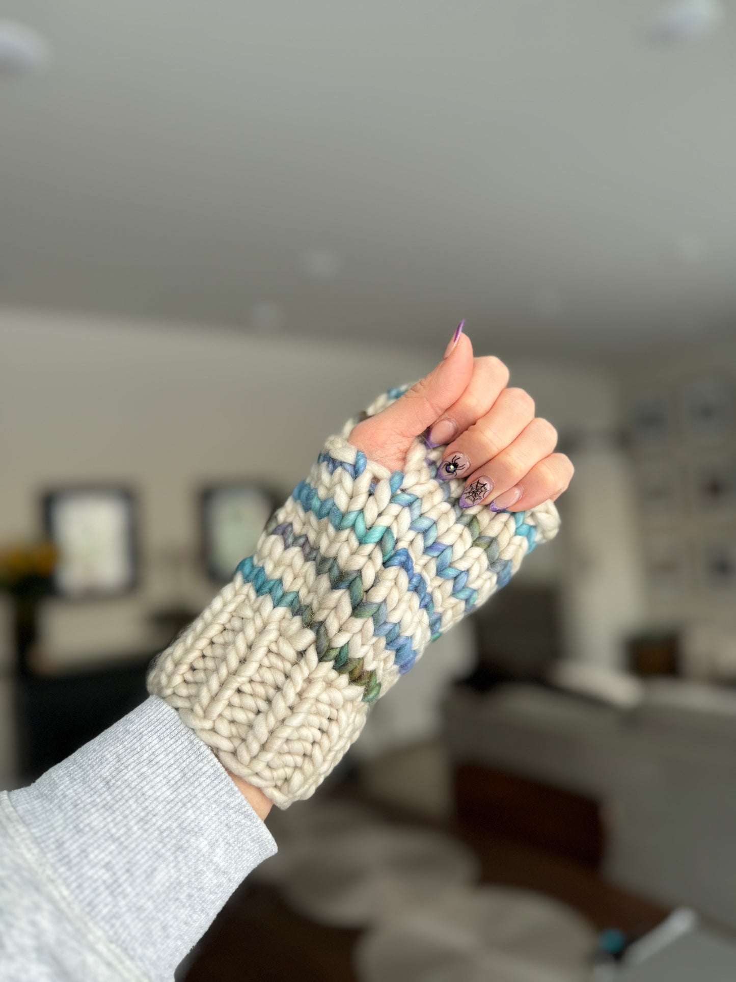 Luxury Lotus Flower Fingerless Mitts in Fog and Indiecita