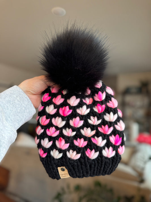 Luxury Adult Lotus Flower Beanie in Black and Pink Mix